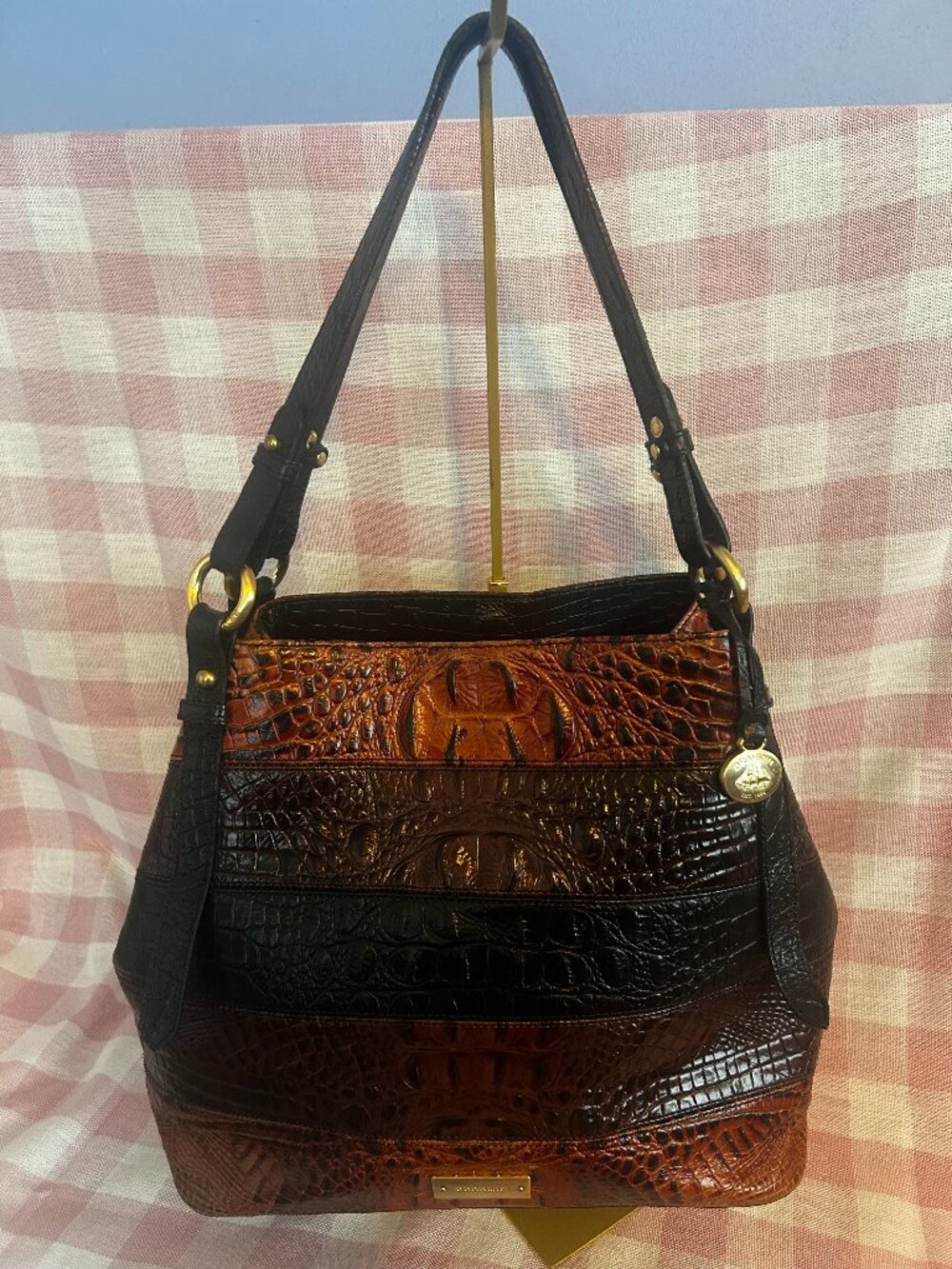 Brahmin Croc Embossed Leather Satchel – Brown/Black – Goldtone Hardware